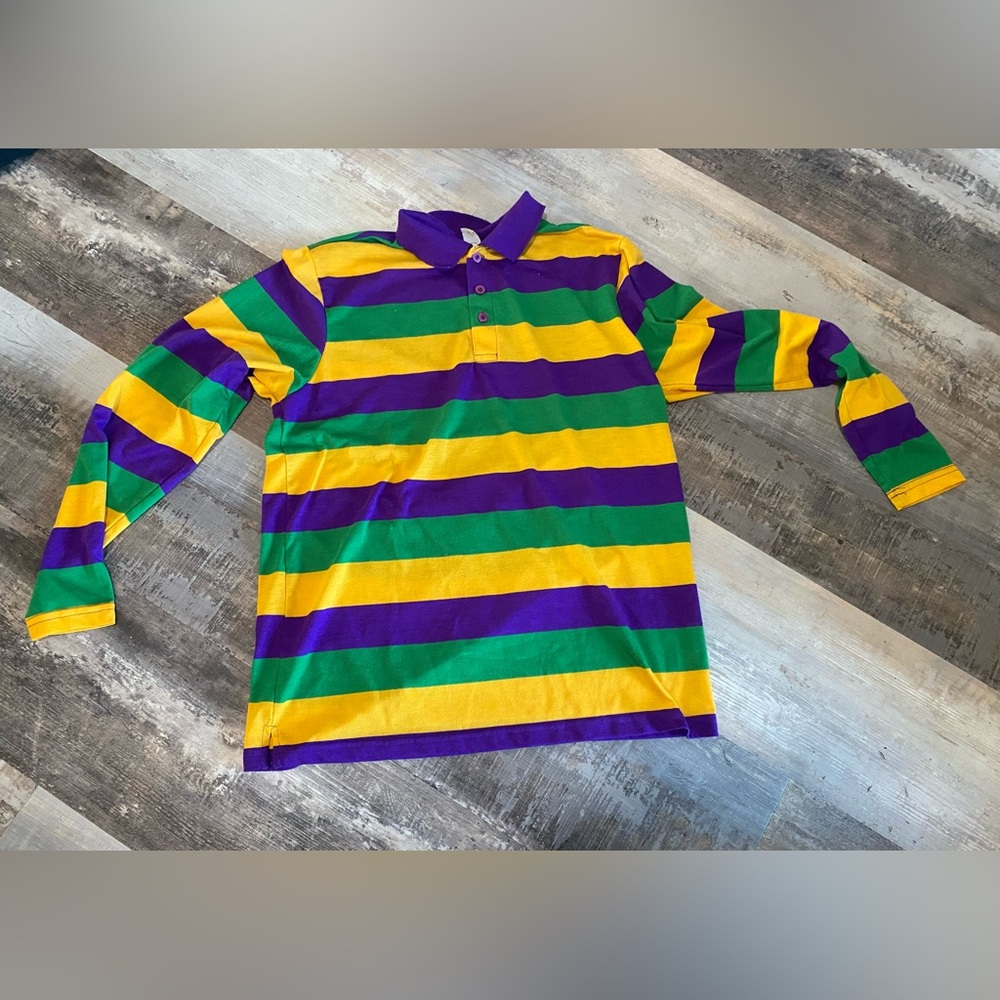 Mardi Gras long sleeve striped polo